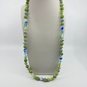 Green‎ & Blue Bead Statement Necklace Boho Layering Jewelry Unique Beachy Gift